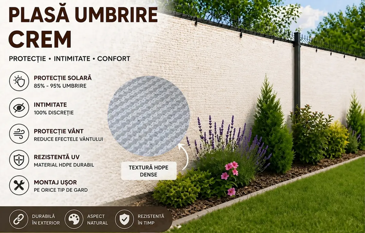Plasă de umbrire crem, lățime 1,7m, fabricată din material HDPE durabil, asigurând 85-95% umbrire și intimitate.